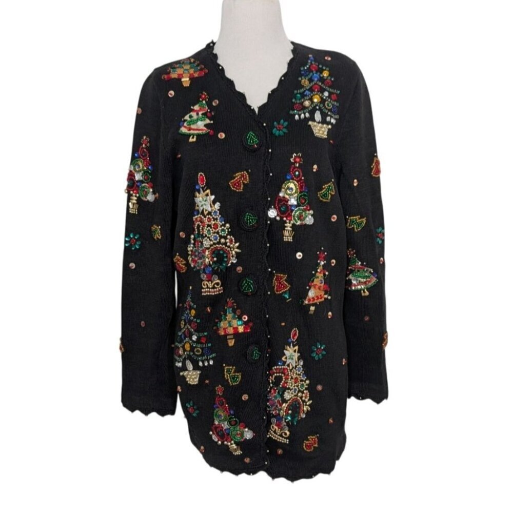Michael Simon Beaded Christmas Cardigan Womens Size Medium Black Vintage 1995